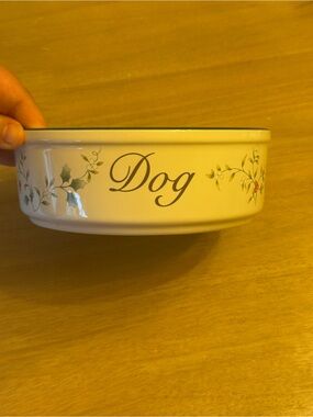 Vintage Pfaltzgraff White Dog Bowls with Green and red Floral Accents